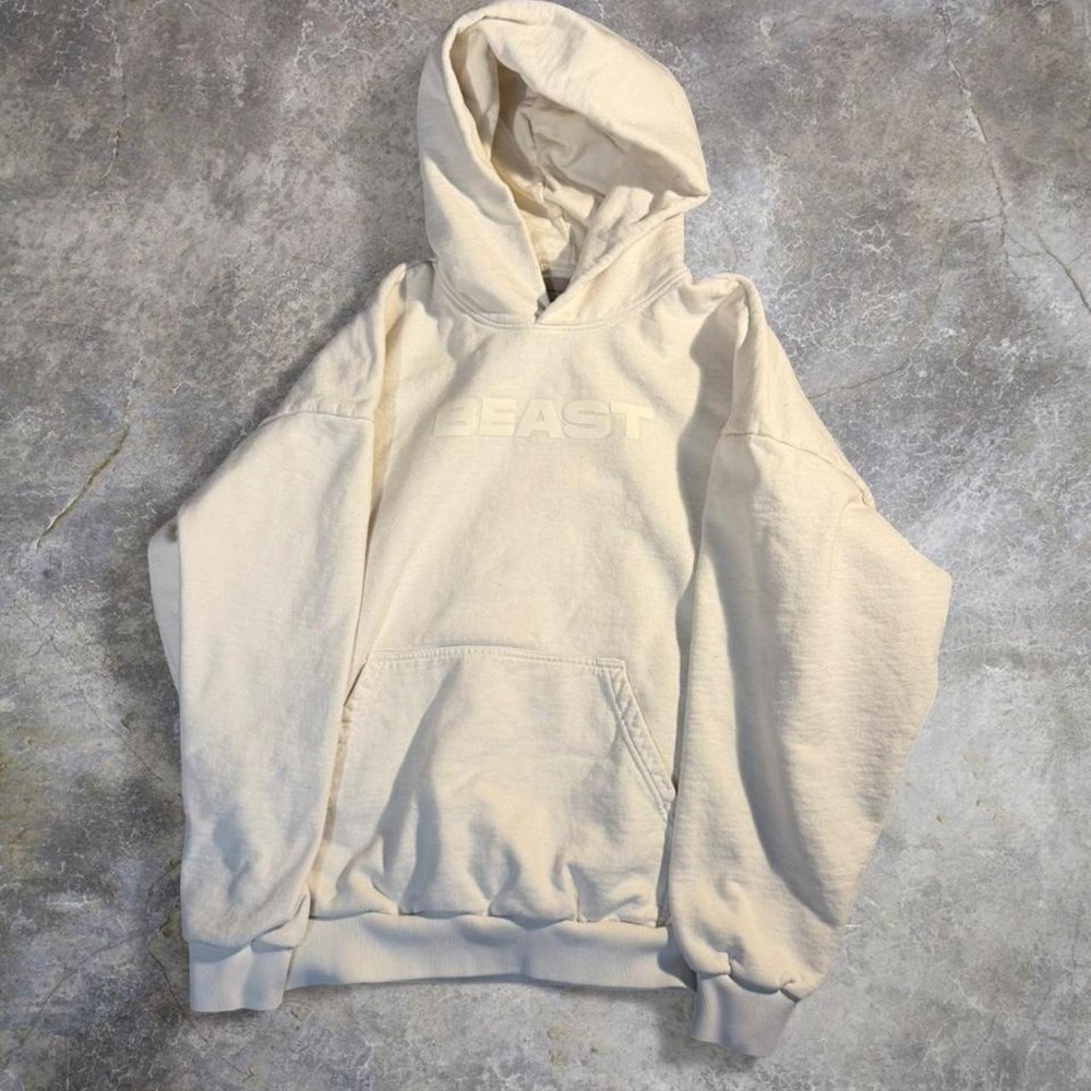 Mr Beast White Minimal Logo Hoodie Sweatshirt Cream Embroidered Mens Large
